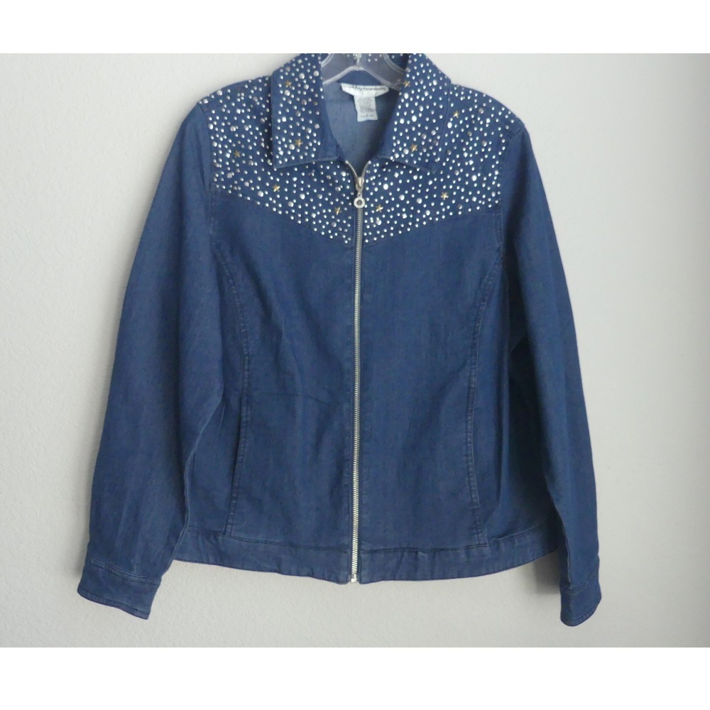 Cathy Daniels Blue Denim Studded Star Jacket Womens Large Zip Up Western Y2K